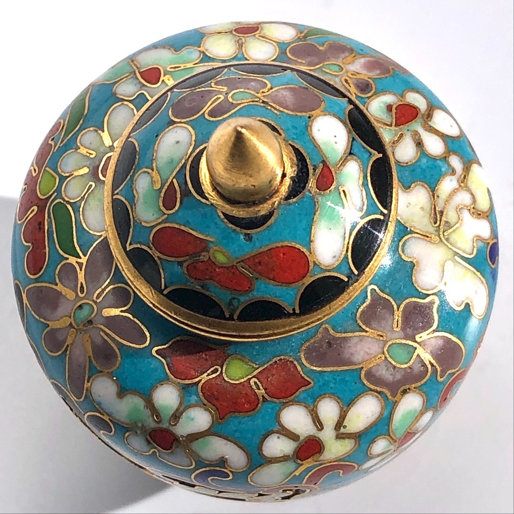 Chinese lotus flower cloisonne ginger jar vase with lid blue gold brass enamel - Picture 7 of 16